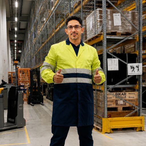 Faustino Ribeiro em um centro logístico durante sua experiência em operações industriais e armazenagem.