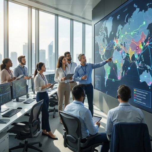 Equipe de logística analisando o fluxo da cadeia de suprimentos.