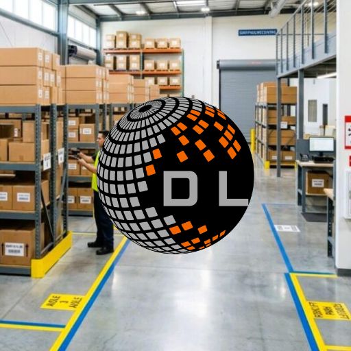 Logotipo oficial do portal Descomplicando a Logística em um armazém.