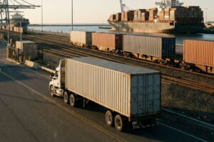 Terminal logístico multimodal integrando transporte rodoviário, ferroviário e marítimo.