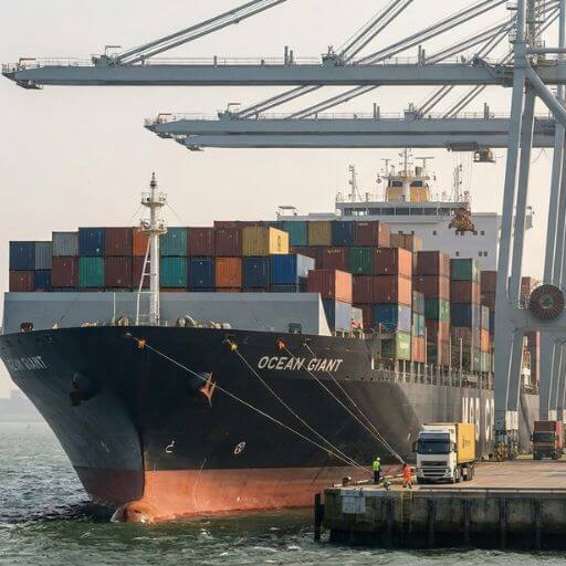 Navio porta-contêiner operando em terminal portuário.