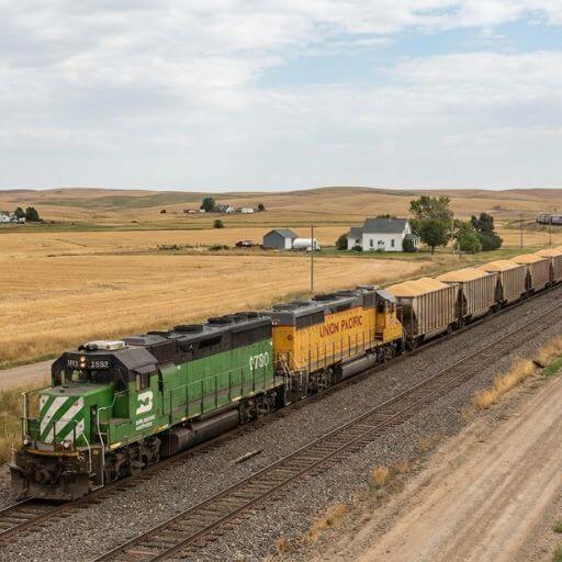 Trem de carga realizando transporte ferroviário.
