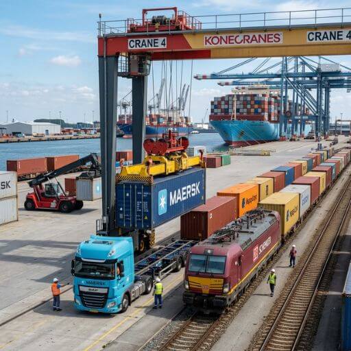Um terminal intermodal onde caminhões transferem contêineres para um trem de carga utilizando um guindaste pórtico.