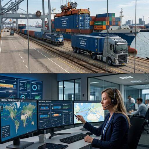 Profissional Logístico em uma operação multimodal de integração entre transporte rodoviário e ferroviário em terminal intermodal.
