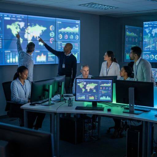 Equipe monitorando operações da cadeia de suprimentos.