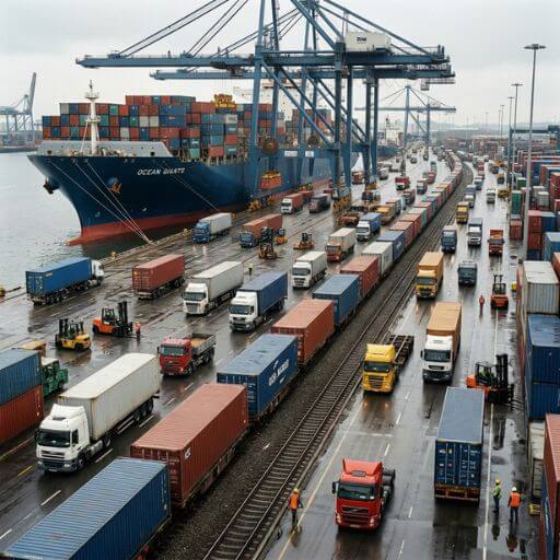 Navio, caminhões e trem integrados na cadeia de suprimentos.