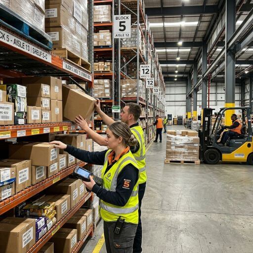 Operadores trabalhando na armazenagem e gestão de estoques.