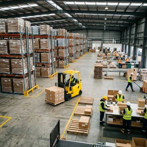 Operação de armazenagem eficiente com pessoas, equipamentos e mercadorias trabalhando de forma integrada.