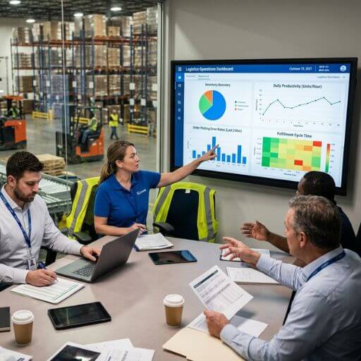 Gestores analisando indicadores para melhorar a produtividade logística.