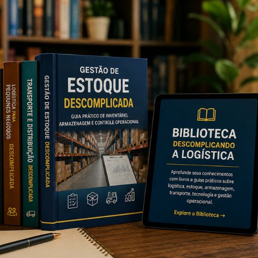 Biblioteca Descomplicando a Logística com livros e guias práticos sobre estoque, transporte e gestão logística.
