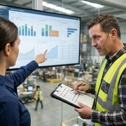 Equipe transformando dados em informações para tomada de decisão com Business Intelligence na Logística.
