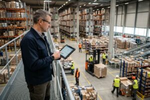 Gestor utilizando Business Intelligence na Logística para relacionar dados e acompanhar a operação de um centro de distribuição.