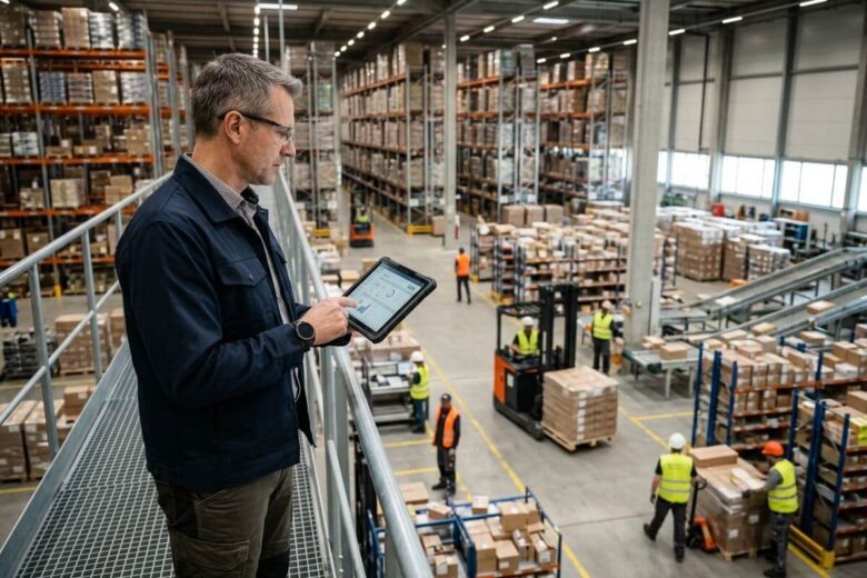 Gestor utilizando Business Intelligence na Logística para relacionar dados e acompanhar a operação de um centro de distribuição.