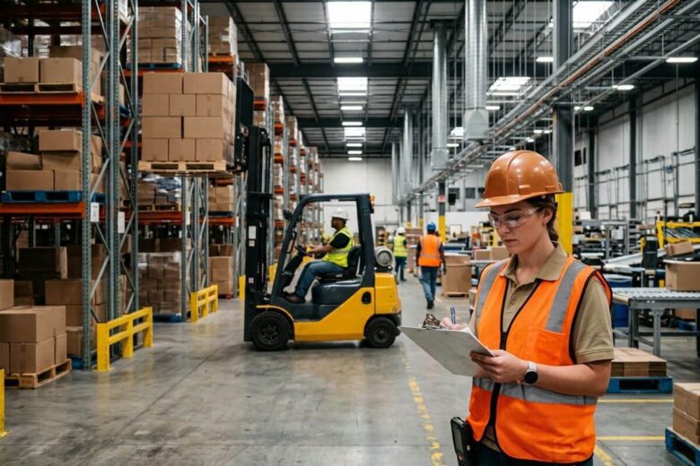 Técnico em logística analisando operações dentro de um centro de distribuição moderno.
