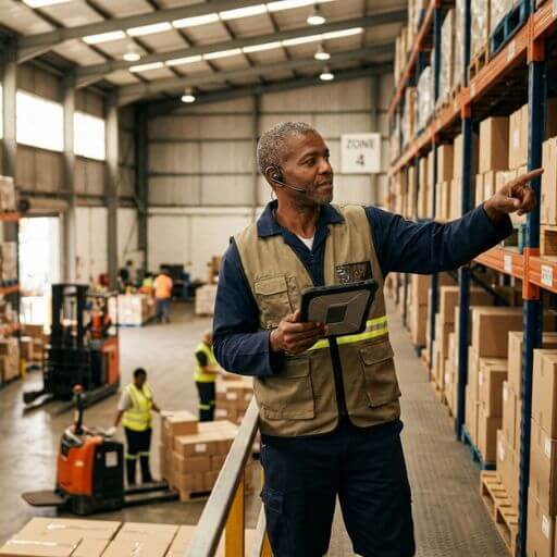 Técnico em logística experiente acompanhando operações em um armazém.