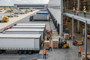 Visão geral de um centro de distribuição moderno operando com caminhões, empilhadeiras e operadores logísticos.