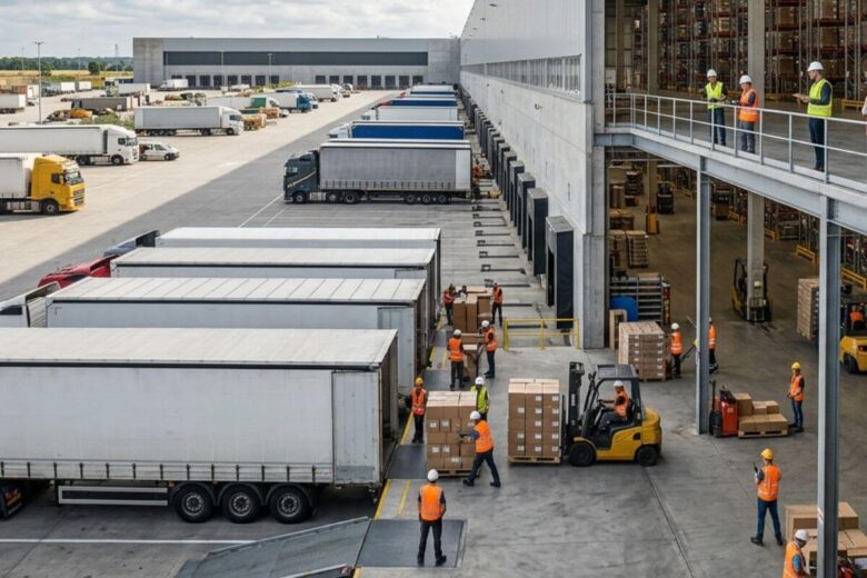 Visão geral de um centro de distribuição moderno operando com caminhões, empilhadeiras e operadores logísticos.