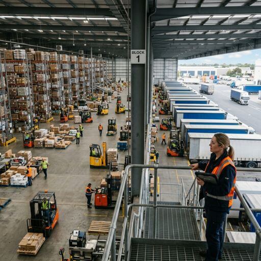 Operador observando a movimentação de um centro de distribuição e sua importância para a logística.