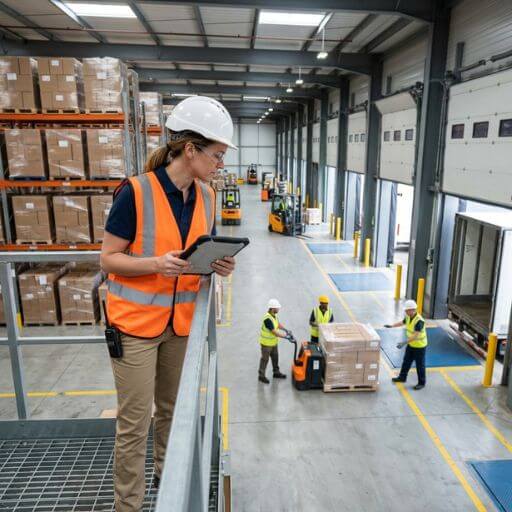 Supervisor acompanhando a operação de um centro de distribuição entre armazenagem, movimentação e expedição