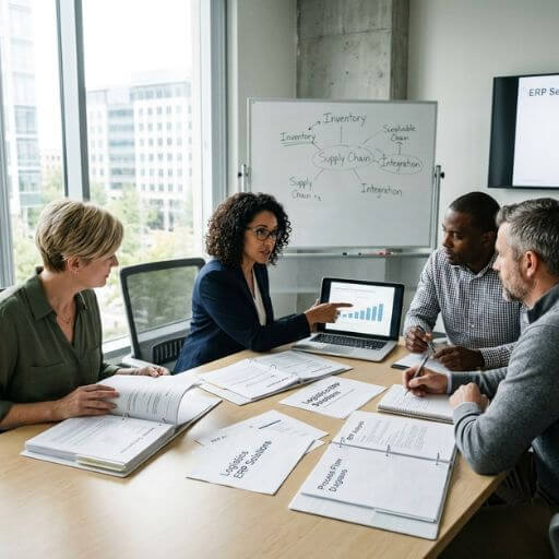Empresários avaliando soluções de ERP na logística durante uma reunião estratégica.