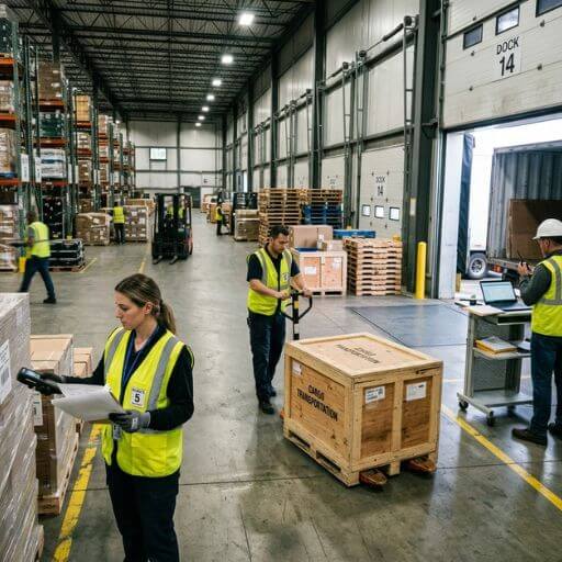 Equipe logística organizando mercadorias para uma operação de transporte de cargas.
