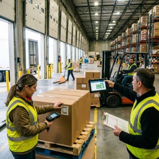 Operadores organizando mercadorias durante uma operação com sistema WMS.