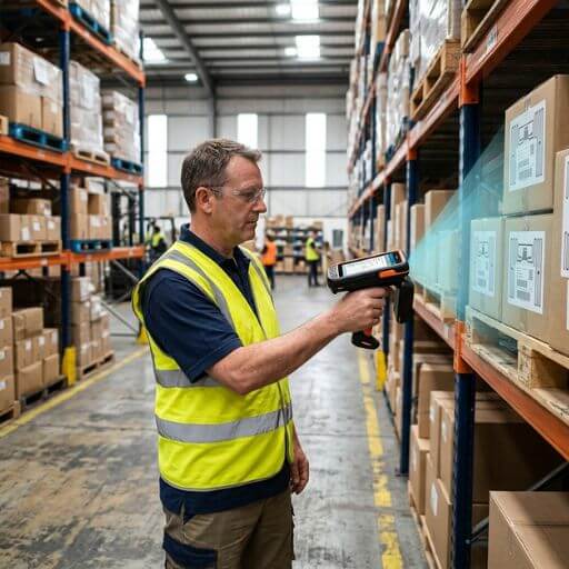 Operador utilizando leitor RFID para identificar produtos em um armazém.