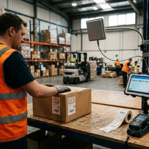 Componentes de um sistema RFID utilizados em operações logísticas.