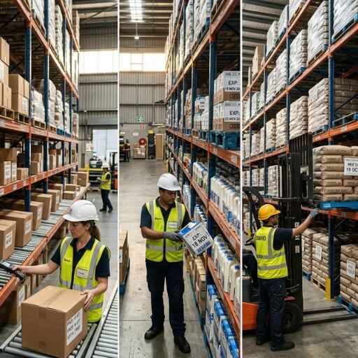 Operadores aplicando os conceitos de FIFO, FEFO e LIFO em um armazém.