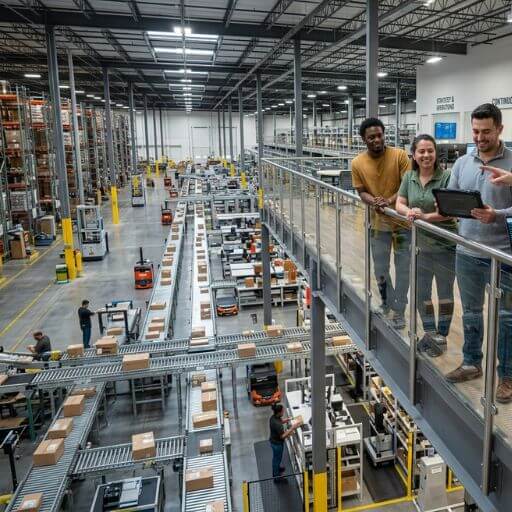 Equipe observando uma operação integrada que representa a evolução da digitalização na logística.