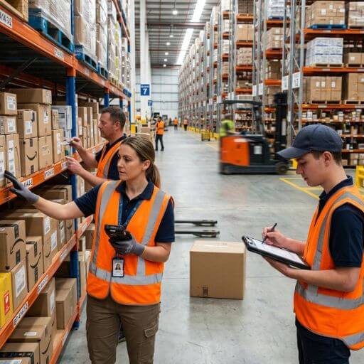 Equipe realizando inventário e controle de estoque em um centro de distribuição.