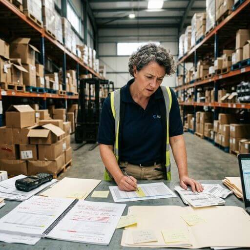 Responsável analisando documentos e identificando problemas no controle de estoque.