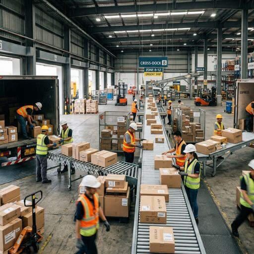 Operação de cross docking e fulfillment dentro de um centro de distribuição moderno.
