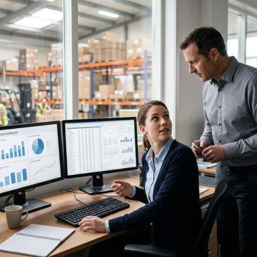 Analista comparando dashboard e Business Intelligence durante análise de dados logísticos.