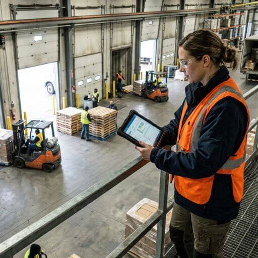 Supervisor acompanhando docas com dashboard logístico para monitorar dados operacionais.