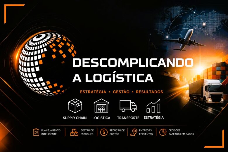 Banner oficial do Descomplicando a Logística com logomarca em destaque, mapa mundial, avião, navio e caminhão, representando estratégia, gestão, transporte e cadeia de suprimentos.