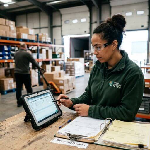 Profissional utilizando documentos digitais e ordens de compra em uma operação logística.