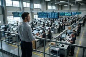 Centro de distribuição moderno representando a digitalização na logística e a integração das operações.