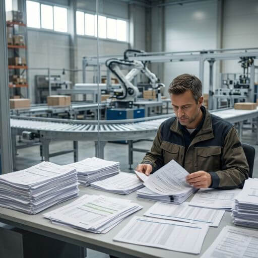 Gestor analisando documentos físicos durante a transição para a digitalização na logística.