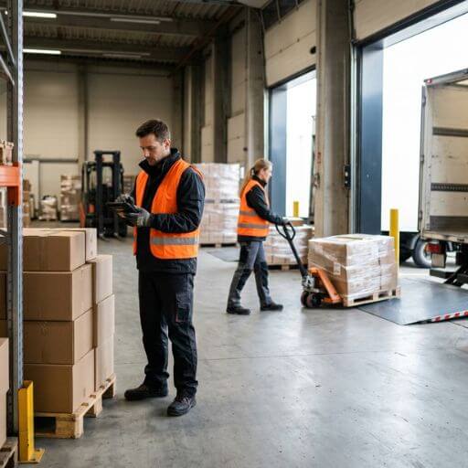 Operadores organizando mercadorias na expedição durante o início do fluxo de distribuição logística