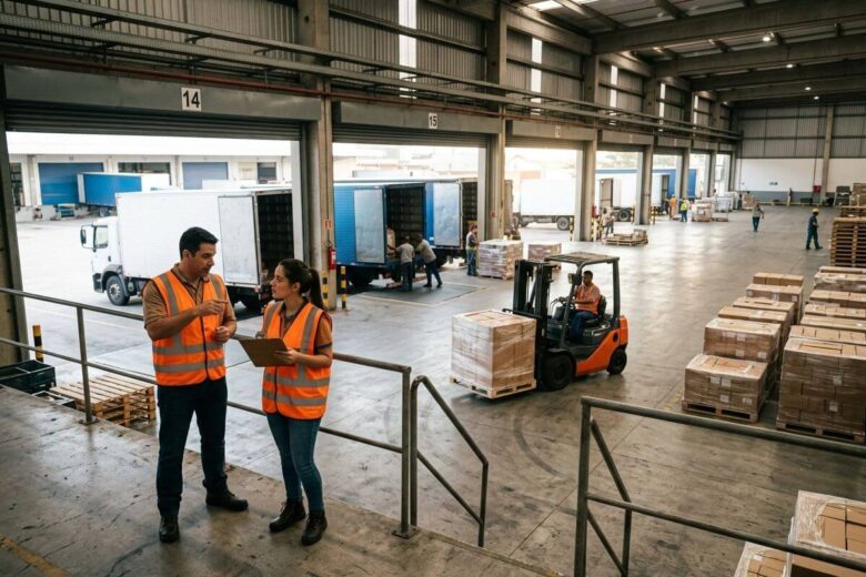 Profissionais acompanhando a distribuição logística entre centro de distribuição, expedição e transporte de cargas.