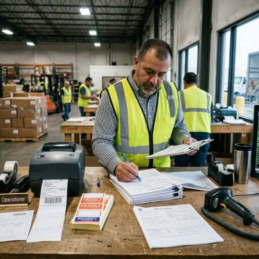 Profissional conferindo documentos utilizados no transporte de cargas.