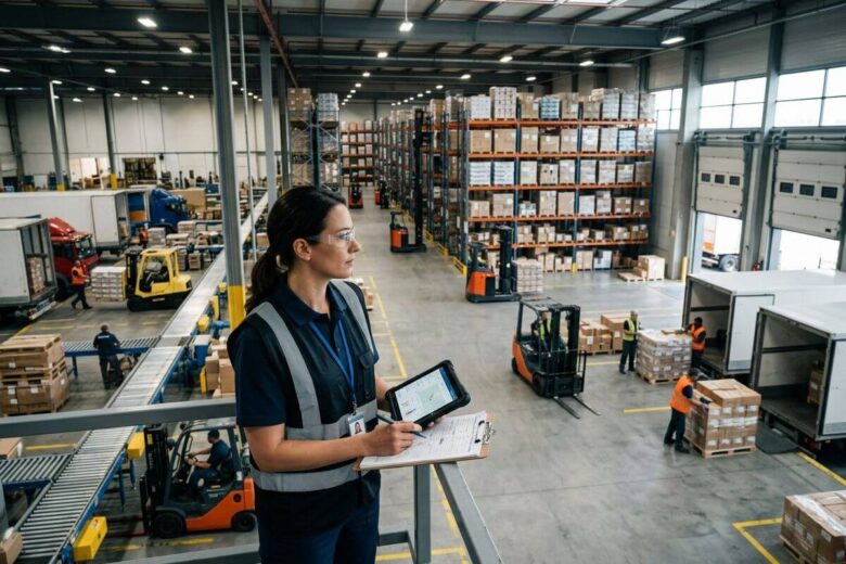 Gestor observando operações integradas em um centro de distribuição utilizando conceitos de ERP na logística.