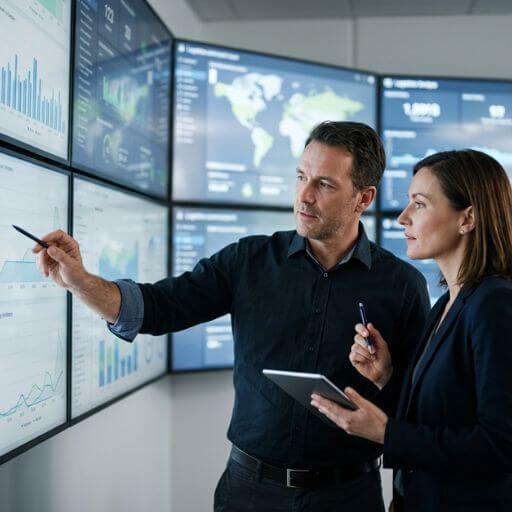 Gestores analisando indicadores integrados por um sistema ERP na logística.