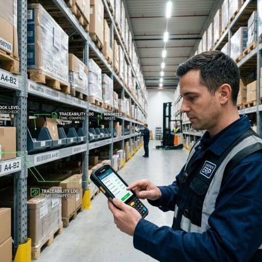 Colaborador realizando inventário e controle de estoque com apoio do ERP na logística.