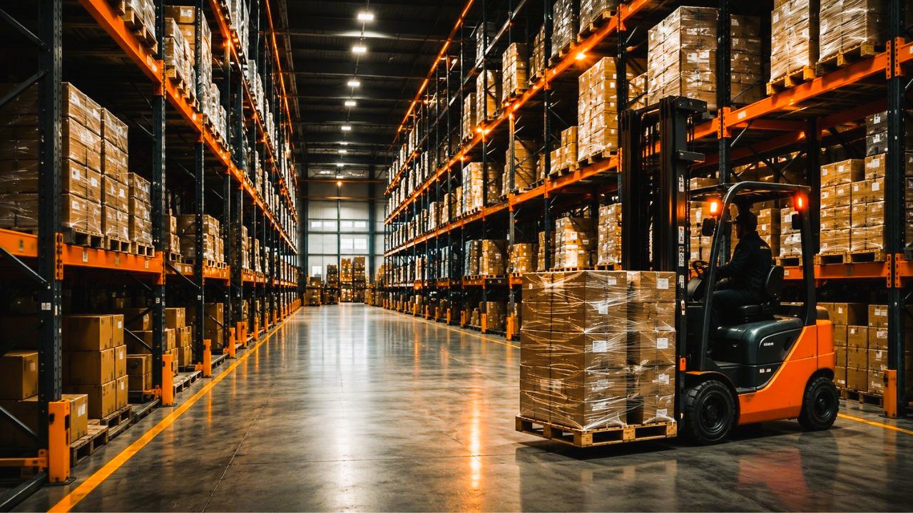Estoque e armazenagem em centro de distribuição com porta-paletes, pallets e empilhadeira