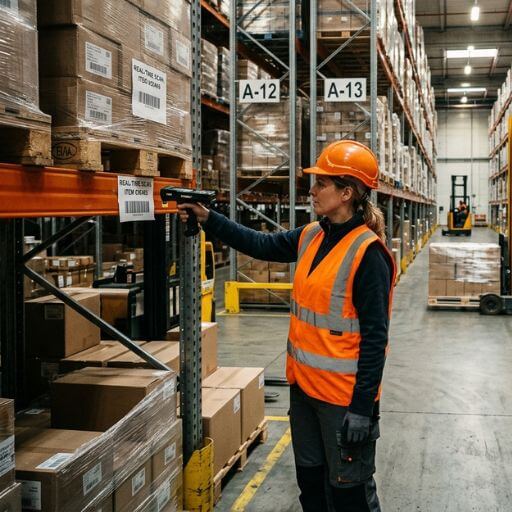 Operadores utilizando coletores de dados em um centro de distribuição digitalizado.