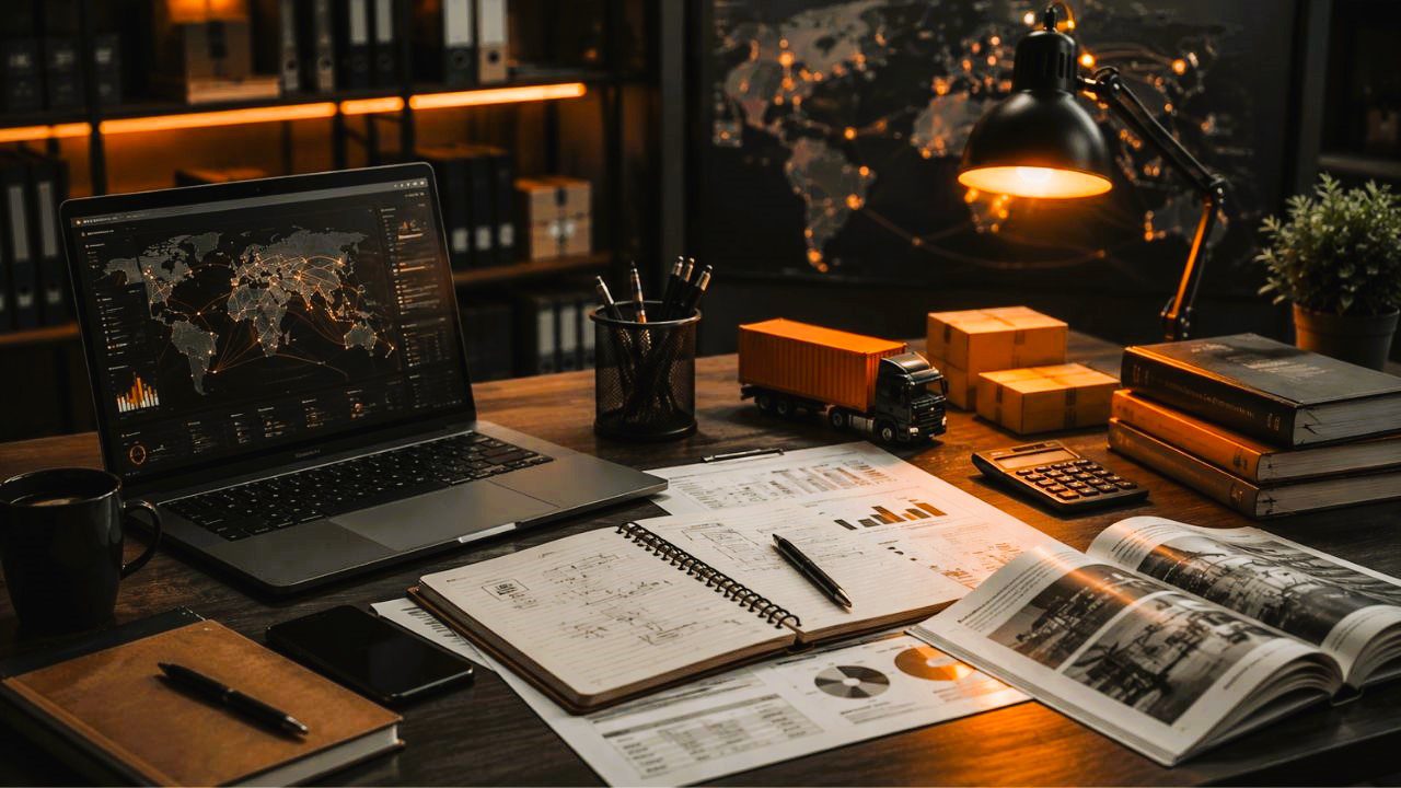 Estudos de logística com materiais de aprendizagem, planejamento e análise de operações