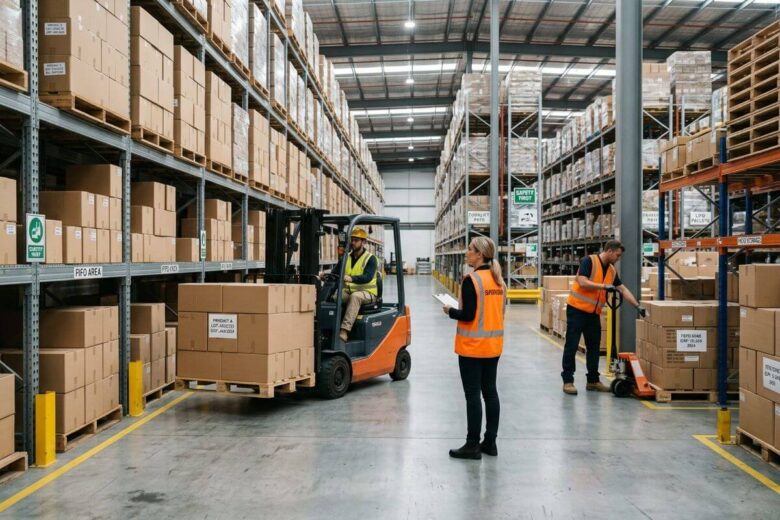 Centro de distribuição utilizando os métodos FIFO, FEFO e LIFO para organizar mercadorias.