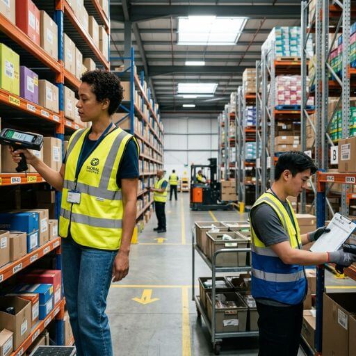 Equipa logística realizando inventário e separação de pedidos com apoio do WMS.